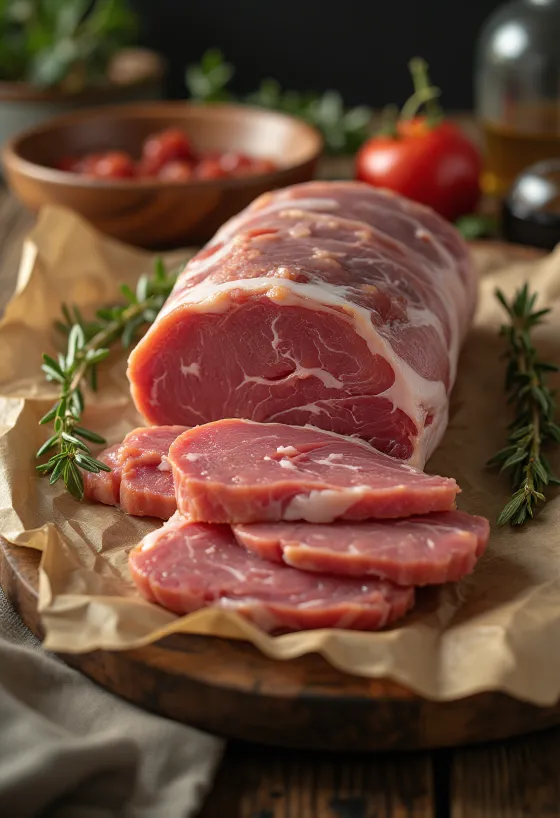 Irisan loin babi hutan mentah di atas talenan kayu dengan rempah