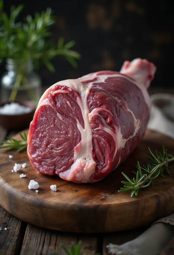 Daging paha babi hutan mentah dengan rempah di atas talenan kayu