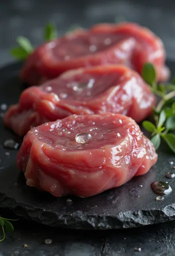 Fillet daging bebek liar mentah dengan rempah di atas talenan kayu