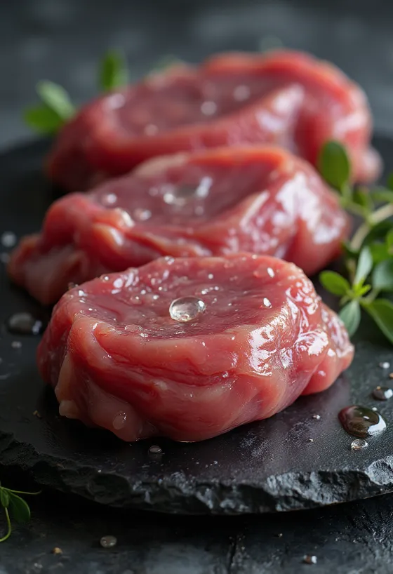 Fillet daging bebek liar mentah dengan rempah di atas talenan kayu