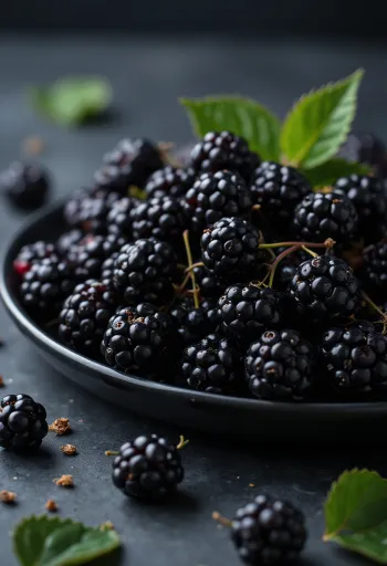 Buah blackberry liar segar berwarna gelap, utuh dan terbelah di permukaan netral