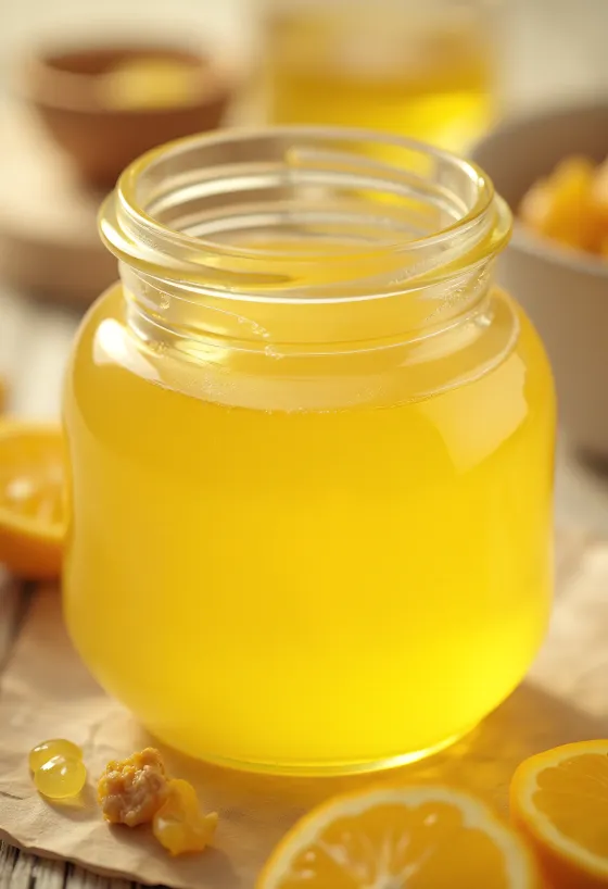 Ghee (minyak samin) dalam toples kaca dan sendok di atas meja kayu