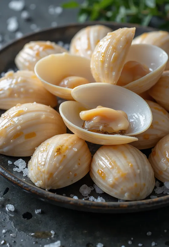 Daging kerang batik (venus) mentah di atas es dengan lemon