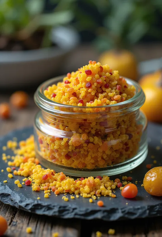 Granula bee pollen warna-warni dalam mangkuk dan tersebar