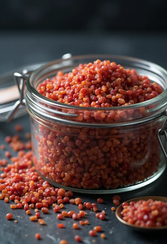 Biji quinoa merah mentah dengan warna kemerahan alami