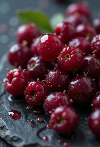 Cranberry (Lingonberry) segar di mangkuk dan meja, dengan selai