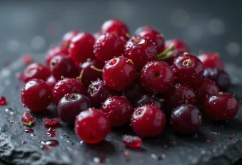 Cranberry (Lingonberry) segar di mangkuk dan meja, dengan selai