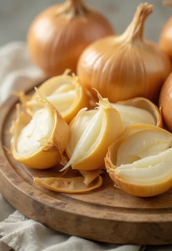 Bawang merah besar utuh dan irisan di atas permukaan kayu