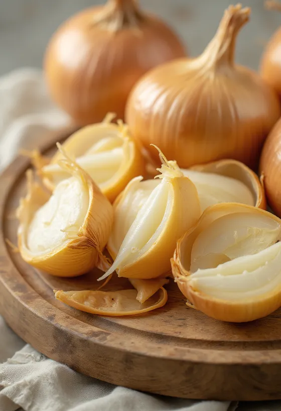 Bawang merah besar utuh dan irisan di atas permukaan kayu