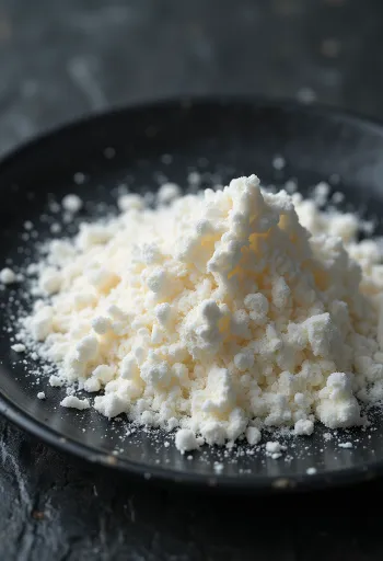 Bubuk Xanthan gum di mangkuk keramik kecil dan sendok kayu, latar terang