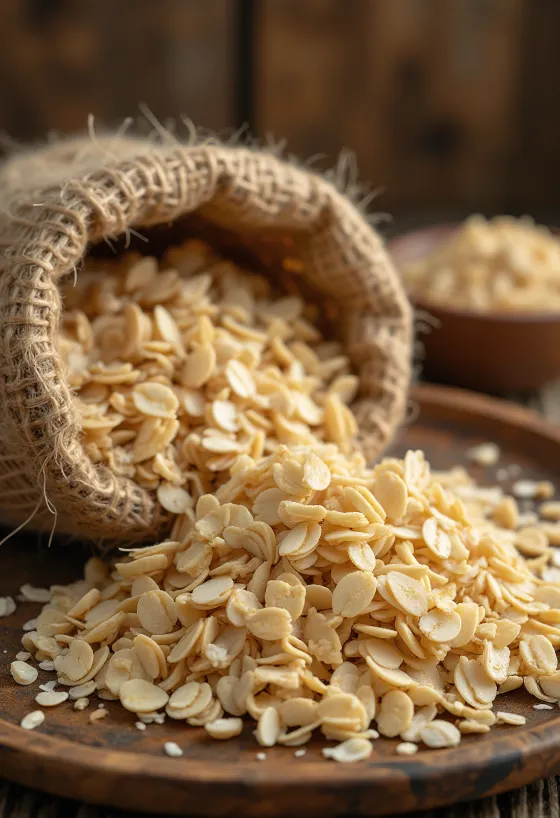 Bekatul gandum (oat bran) dalam mangkuk keramik dan tersebar di meja kayu