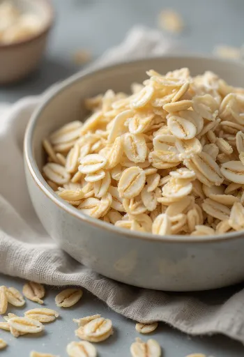 Oatmeal mentah dalam mangkuk keramik dan tersebar di meja