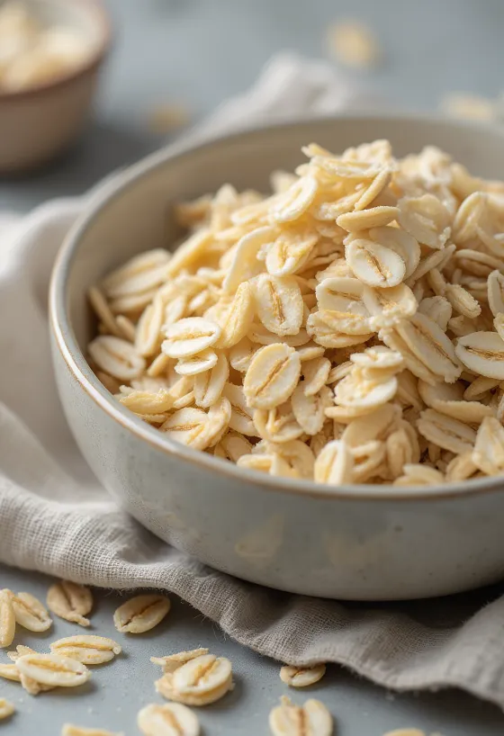 Oatmeal mentah dalam mangkuk keramik dan tersebar di meja