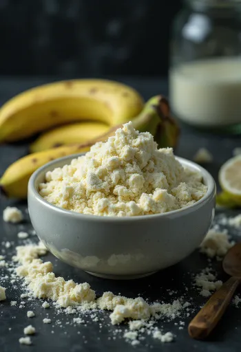 Tepung pisang hijau dalam mangkuk dan sendok, dikelilingi pisang hijau