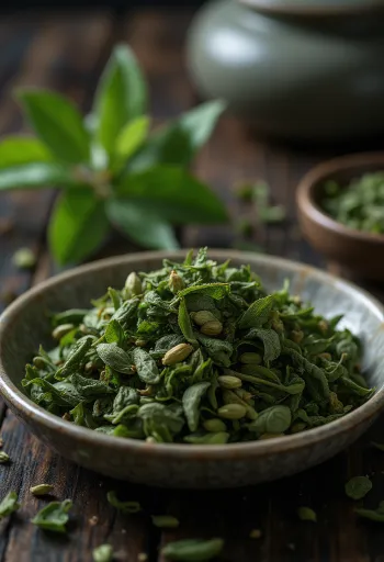 Daun Teh Hijau tubruk di mangkuk dengan sendok kayu