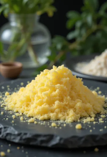 Bubuk Gelatin di mangkuk kecil dengan sendok ukur kayu, latar terang