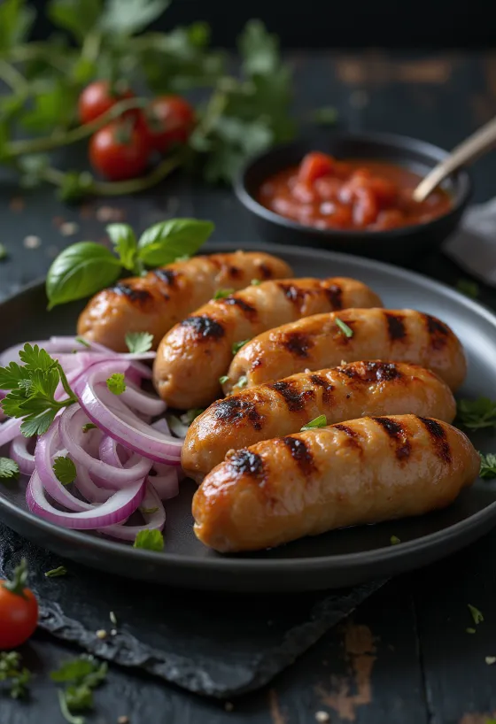Cevapcici disajikan dengan ajvar dan roti