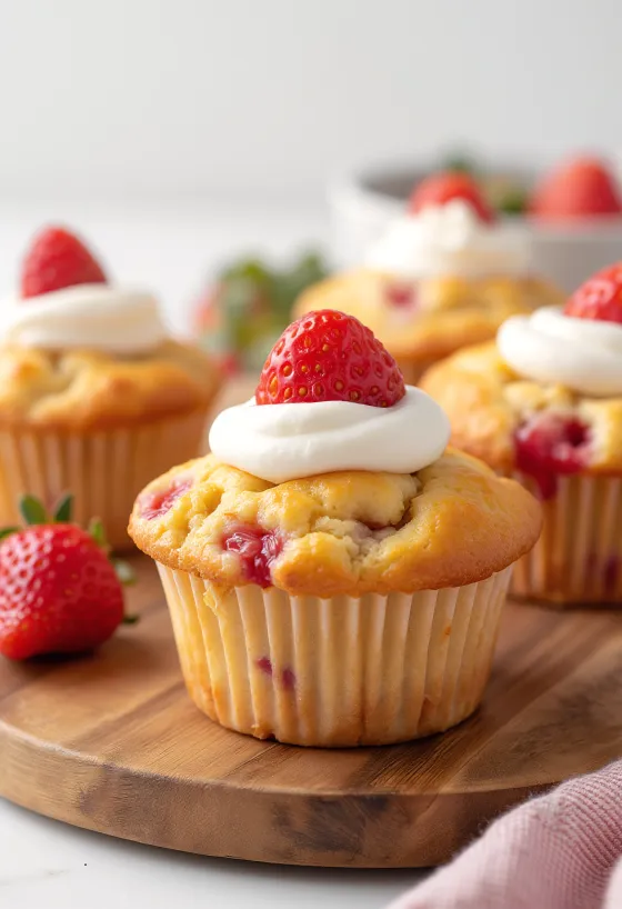 Muffin stroberi berbusa di piring