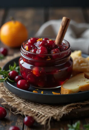 Chutney blueberry jeruk kayu manis dalam toples, disajikan dengan keju dan daging panggang