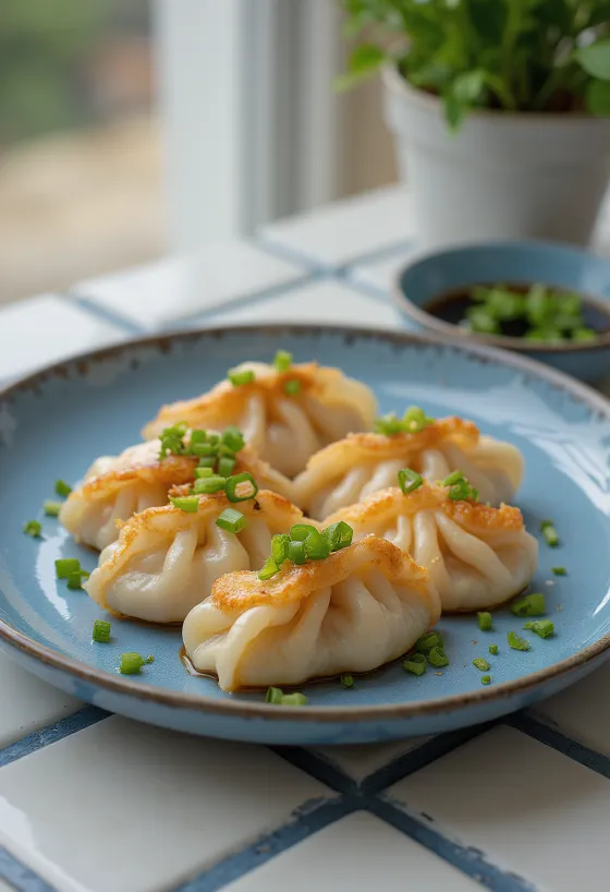 Gyoza udang Jepang dalam adonan dasar renyah, dengan isian udang, disajikan dengan saus celup kecap asin
