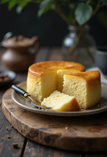Cheesecake Jepang yang lembut dan ringan, ditaburi gula halus