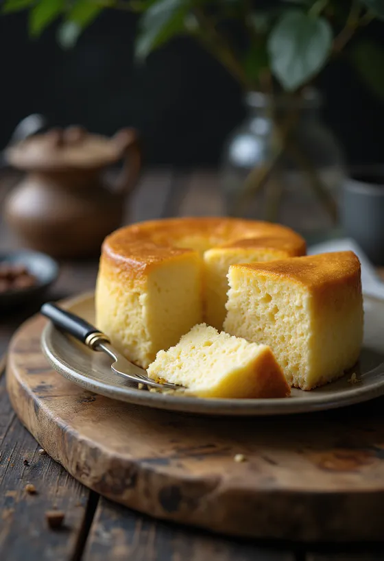 Cheesecake Jepang yang lembut dan ringan, ditaburi gula halus