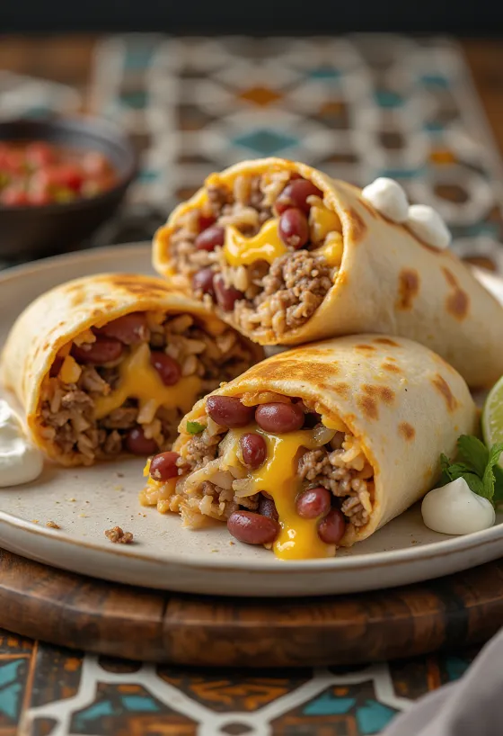 Burrito klasik diisi dengan daging sapi, nasi, kacang, dan keju