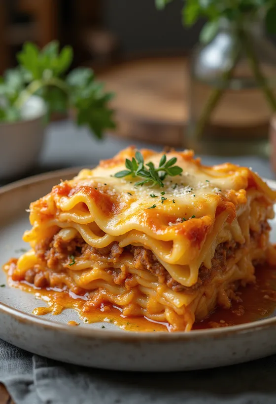 Lasagna klasik disajikan dengan kemangi segar