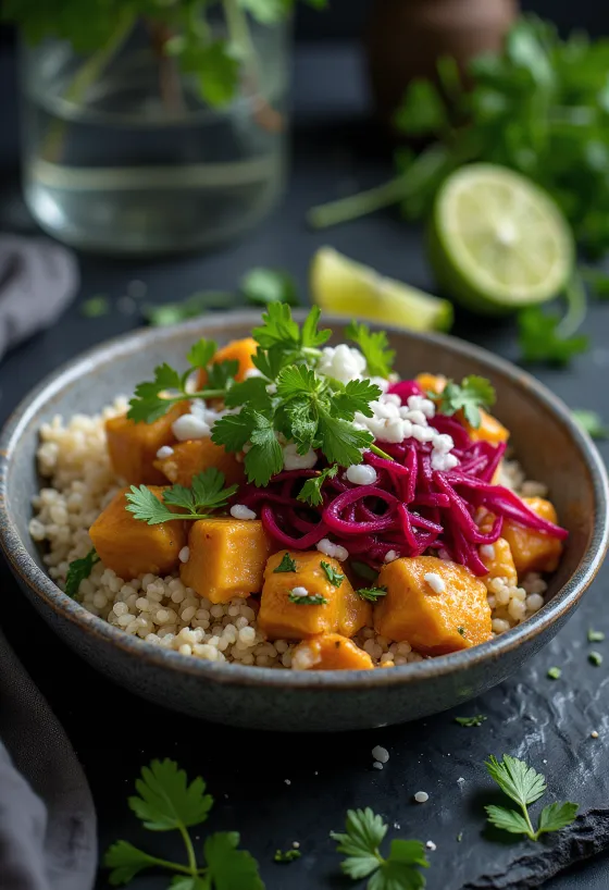 Buddha bowl quinoa jeruk nipis dengan tahu kari bit disajikan