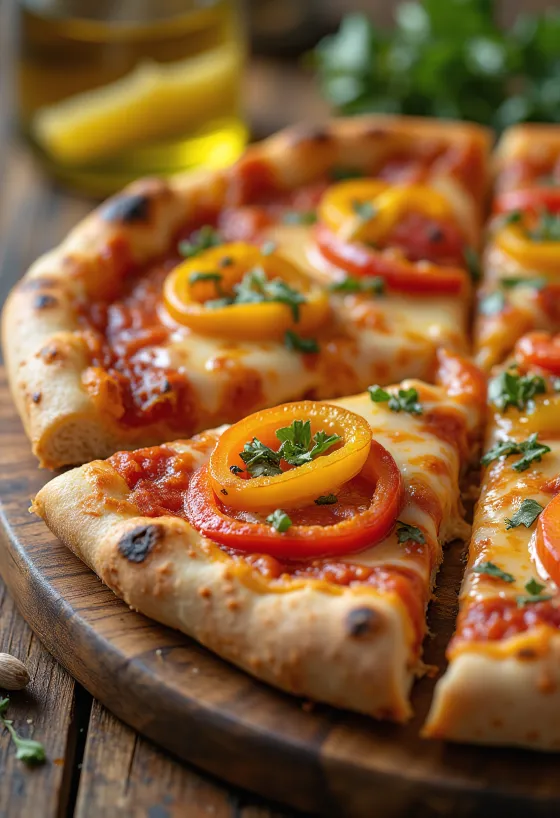 Pizza ai Peperoni dengan irisan paprika tiga warna