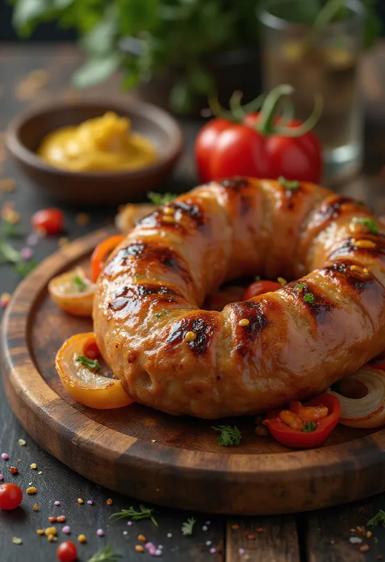 Sosis goreng dipanggang cokelat keemasan, dengan kulit renyah dan disajikan dengan rempah segar