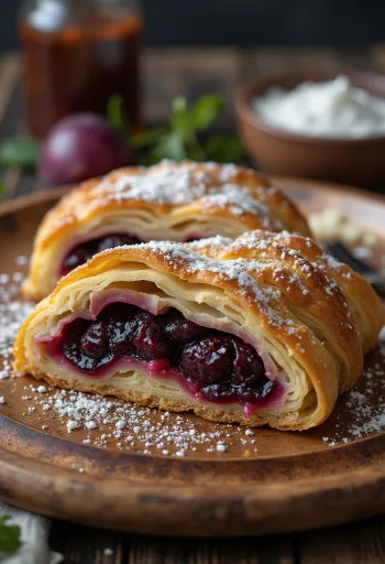 Strudel plum dipanggang cokelat keemasan, ditaburi gula kayu manis