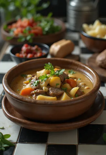 Yak butter tea stew disajikan dalam mangkuk pedesaan dengan rempah segar.