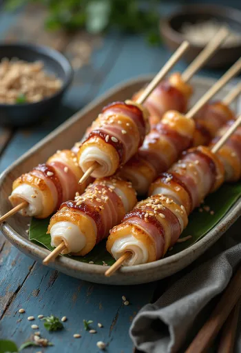 Enoki maki yakitori jamur gulung daging sapi, disajikan dengan wijen dan daun bawang segar