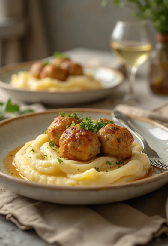 Bola daging disajikan dengan mashed potato