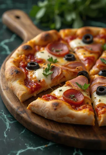 Pizza daging dengan zaitun, dipanggang segar dengan adonan renyah