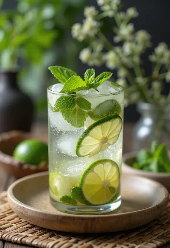 Mojito dihiasi dengan daun mint segar dan irisan jeruk nipis