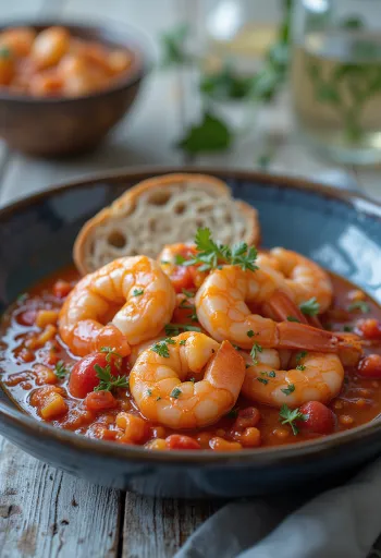 Udang saus tomat disajikan dengan rempah segar dan roti renyah