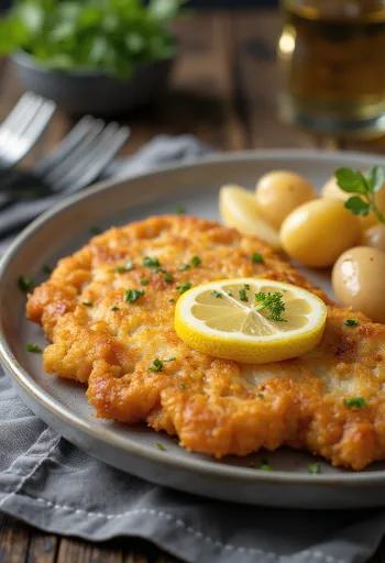 Beef schnitzel dengan kentang, daging sapi renyah dan kentang mentega