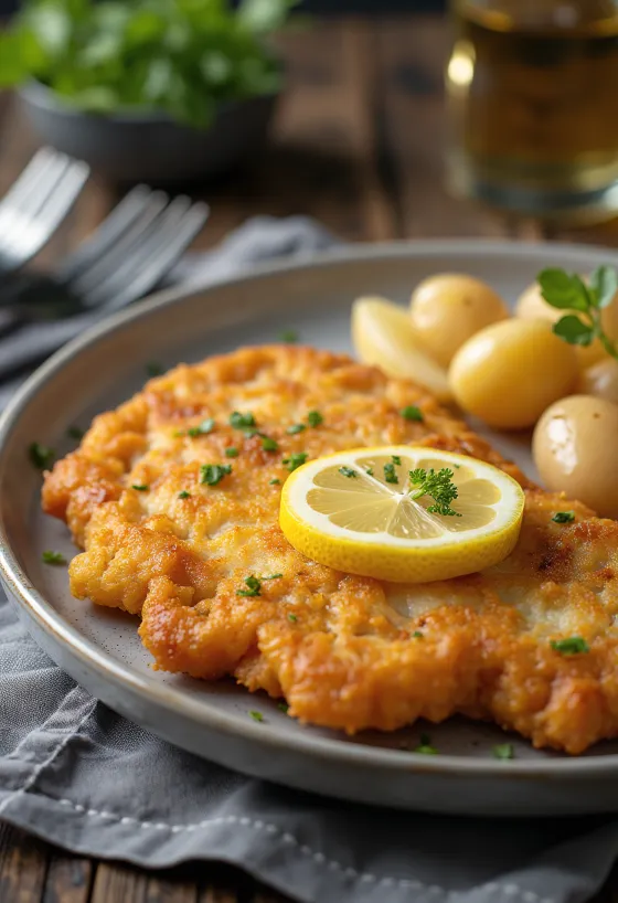 Beef schnitzel dengan kentang, daging sapi renyah dan kentang mentega