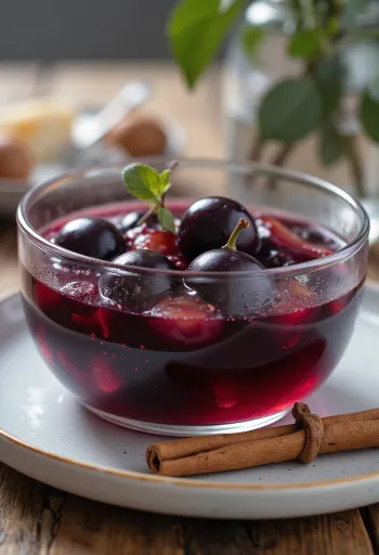Setup plum rumahan dibumbui dengan kayu manis dan cengkeh, disajikan dalam mangkuk kaca