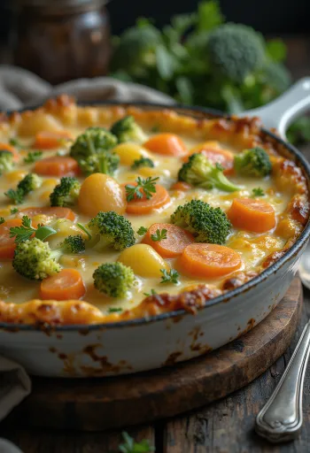 Gratin sayuran berlapis, dipanggang dengan keju dan rempah-rempah.