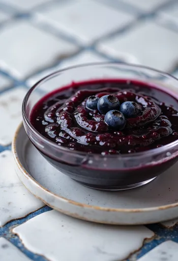 Saus cuka balsamik cabai blueberry dalam mangkuk, dihiasi dengan blueberry segar dan irisan cabai.