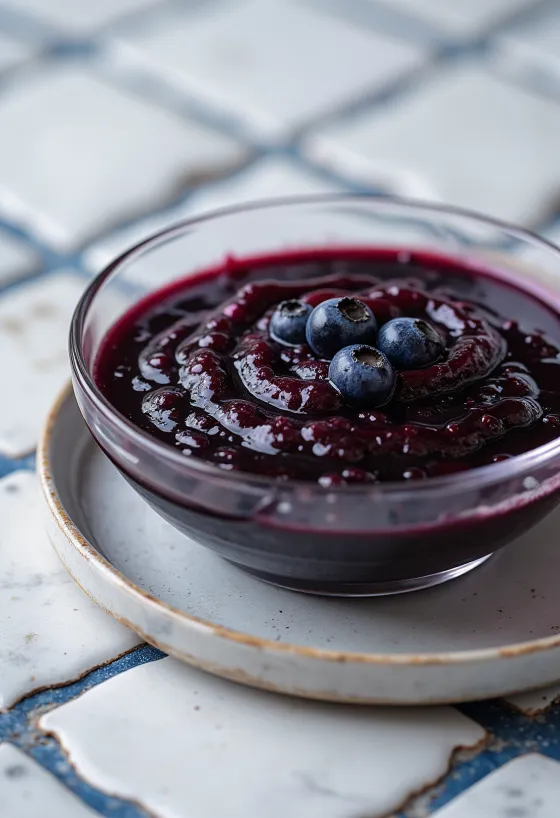 Saus cuka balsamik cabai blueberry dalam mangkuk, dihiasi dengan blueberry segar dan irisan cabai.