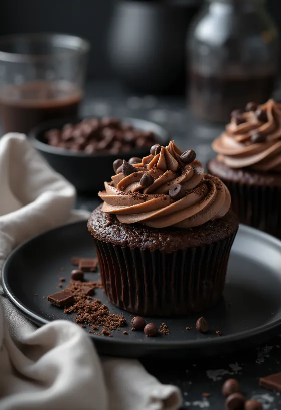 Cupcake cokelat ganda disajikan