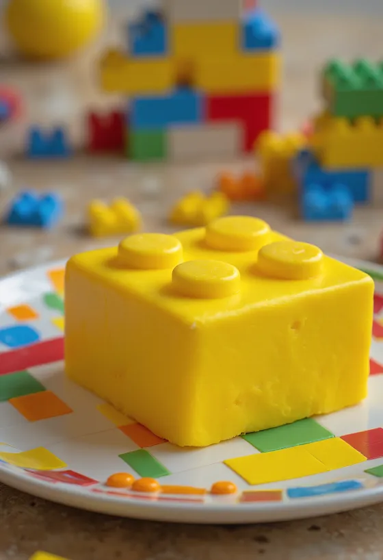 Kue LEGO dengan lapisan fondant warna-warni dan hiasan balok bangunan