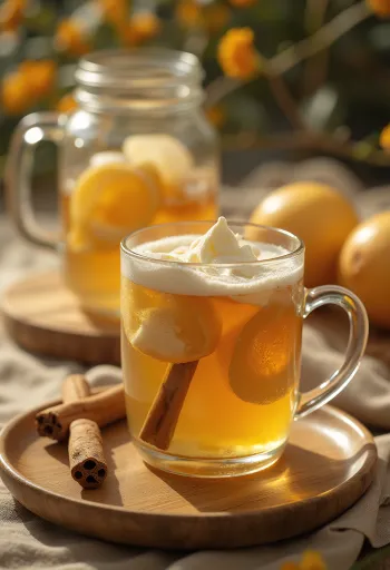 Cider madu-jahe panas disajikan dalam gelas mug