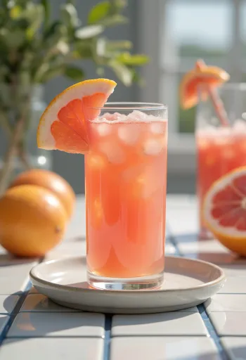 Jus Jeruk Grapefruit dalam gelas tinggi, dihiasi dengan irisan jeruk dan grapefruit