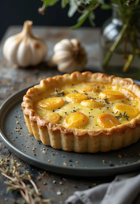 Quiche parmesan dan bawang putih panggang baru matang