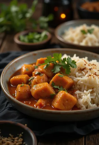 Beef Vindaloo disajikan dengan nasi dan ketumbar segar